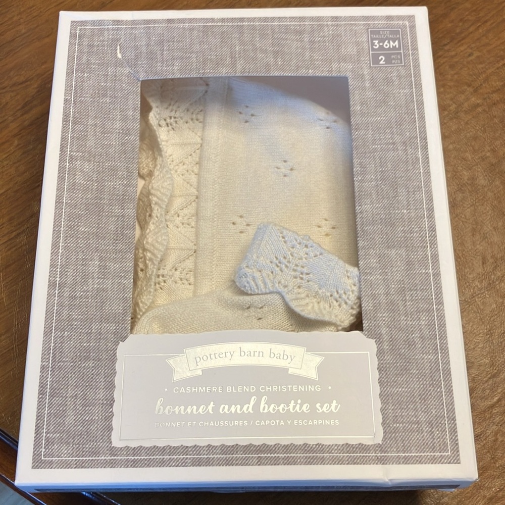 Pottery Barn Baby Hat and booties Christening set 3-6 M NEW